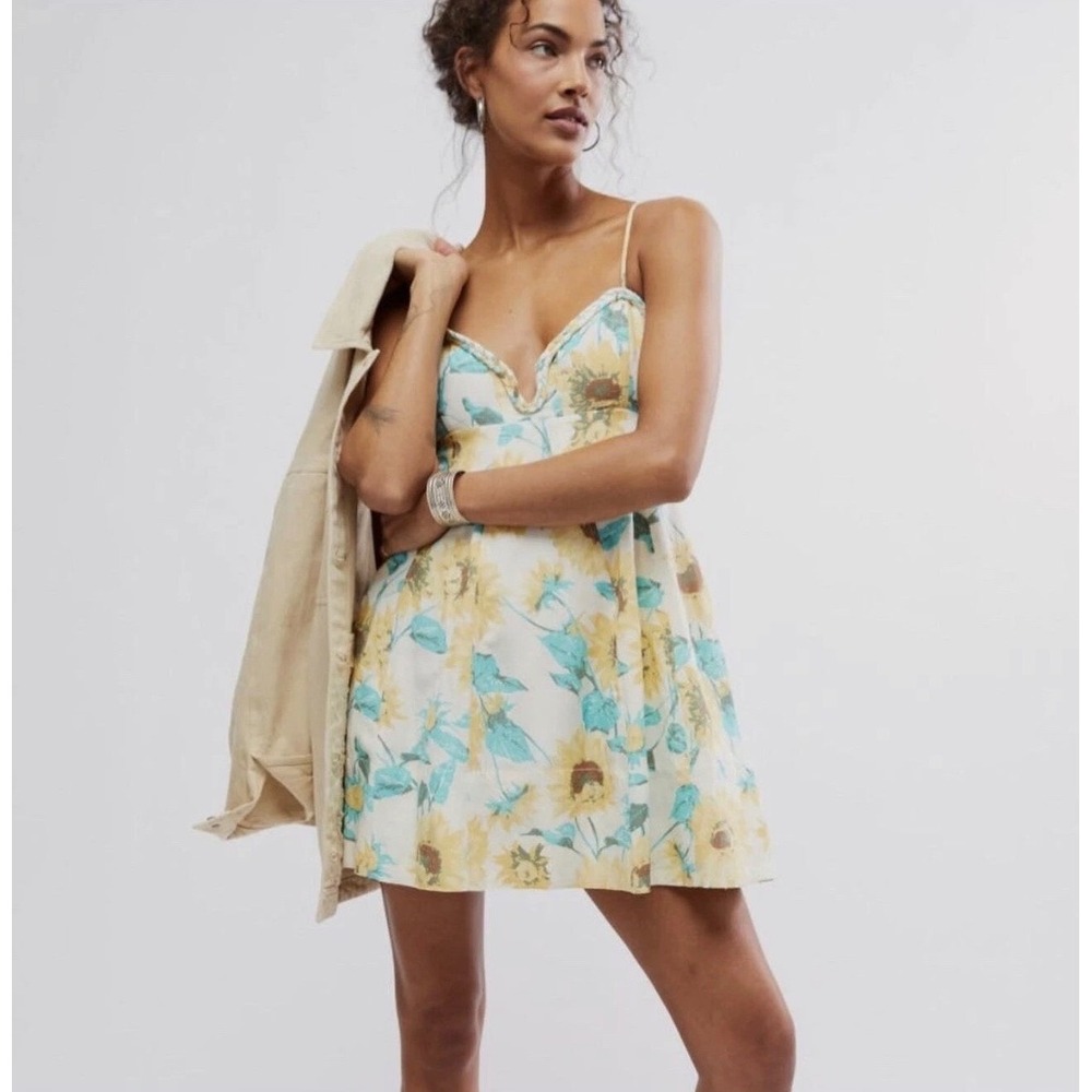 Free People Altura Printed Mini Dress Size Small Bohemian Beach Summer Sunflower